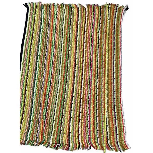 VINTAGE AFGHAN THROW BLANKET RUG 1970s RETRO MULTI-COLOR 62x44 - Picture 6 of 9